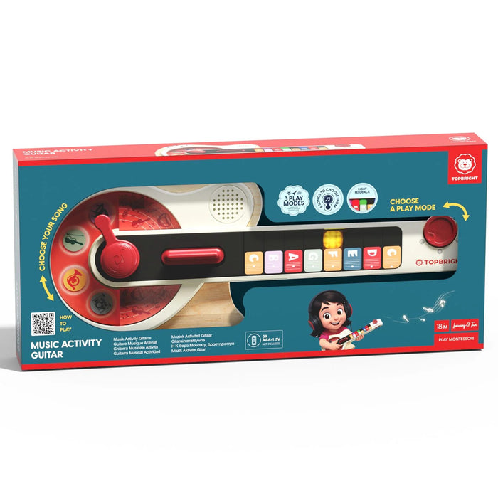 Teal box with a toy guitar featuring a wood-look body, black neck, colorful buttons, and red rotating dials.