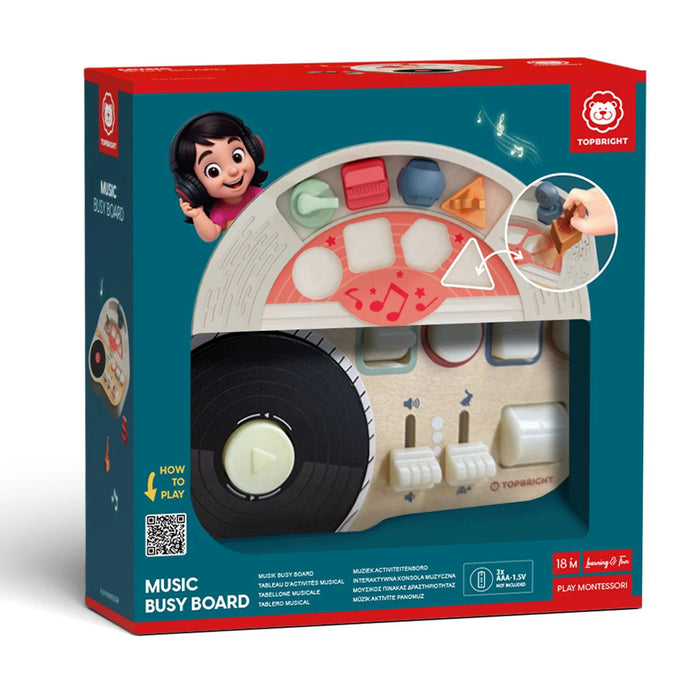 Toddler DJ music busy board with turntable and colorful shapes in a red and teal box for ages 18 months plus.