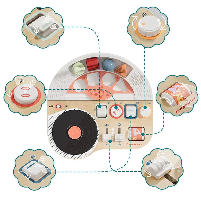 Wooden DJ-style toy with a black turntable, shape sorter, and colorful controls shown in detailed callouts.