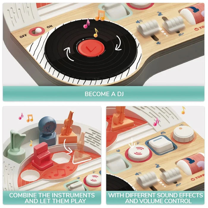 Wooden musical busy board showing a black DJ turntable, instrument shape sorter, and sound effect sliders and buttons.