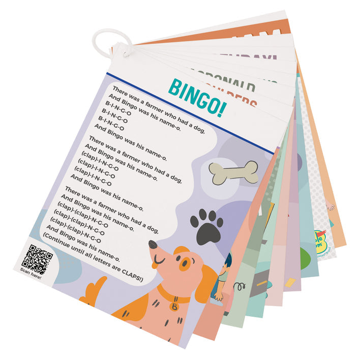 Ringed set of colorful nursery rhyme cards featuring the song Bingo with cartoon dog illustrations.