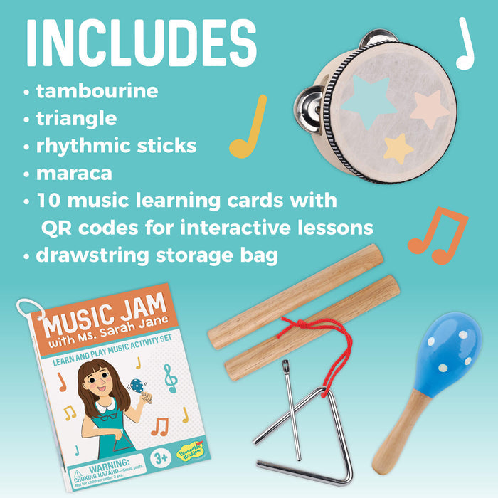 Kids' musical set with a star tambourine, blue polka-dot maraca, triangle, wooden rhythm sticks, and activity cards.