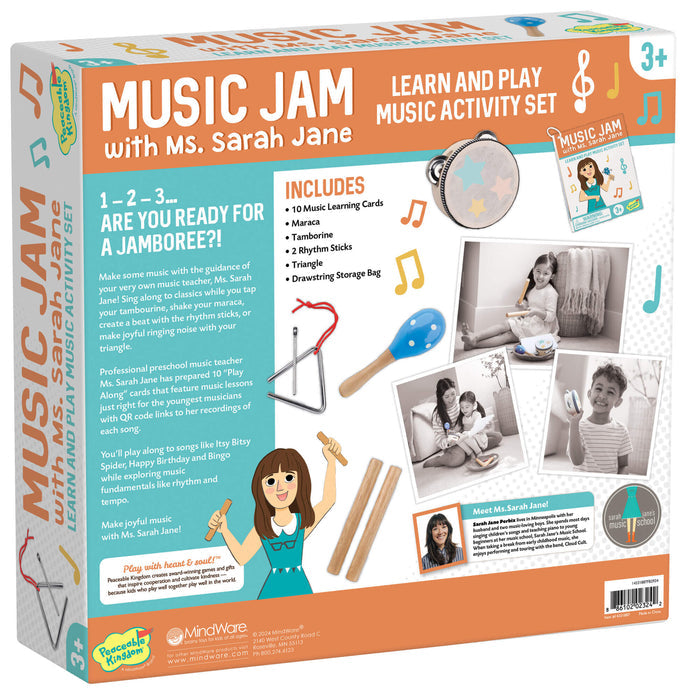 Orange and teal box for Music Jam set featuring a tambourine, maraca, rhythm sticks, triangle, and photos of kids playing.