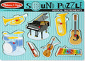 8-piece wooden peg puzzle with colorful instruments like a piano, guitar, and drums on a light blue striped board.