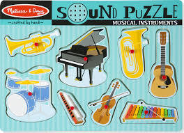 8-piece wooden peg puzzle with colorful instruments like a piano, guitar, and drums on a light blue striped board.