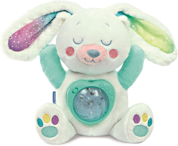 Plush white bunny with colorful galaxy-patterned ears and a heart-shaped light projector on its chest.