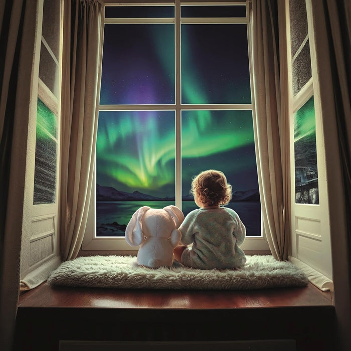 Toddler and white plush bunny on a window seat watching green and purple northern lights over dark mountains.