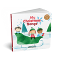 White board book with children on a green leaf sled in snow. Title: My Christmas Songs. Musical icon in corner.