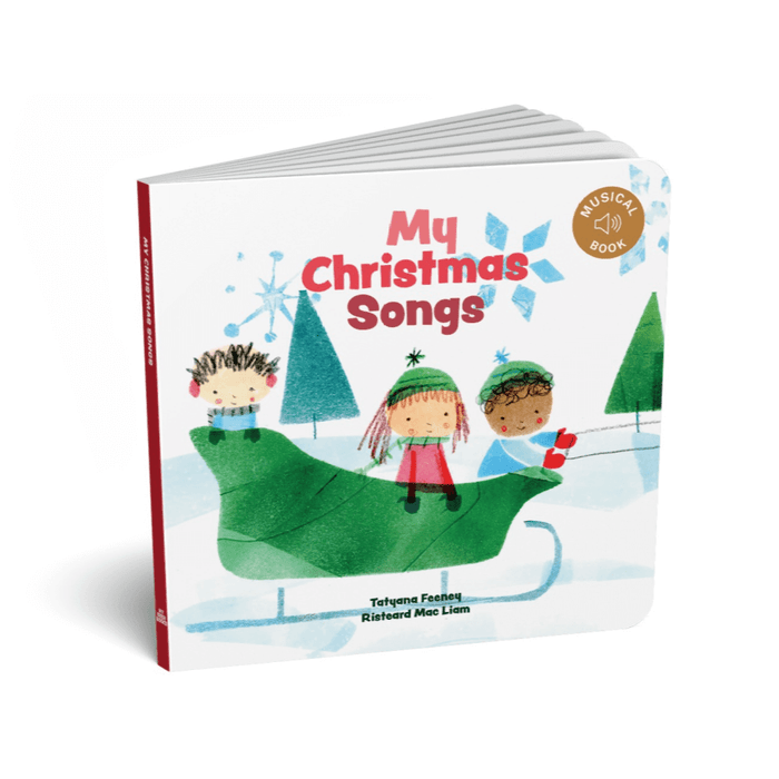 White board book with children on a green leaf sled in snow. Title: My Christmas Songs. Musical icon in corner.