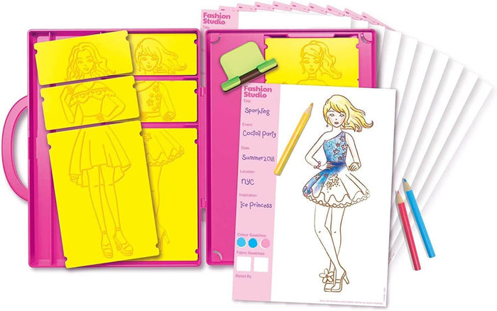 Pink case with yellow fashion rubbing plates, green rubbing tool, colored pencils, and sample design on paper.