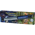 Blue and silver extendable handheld telescope on packaging featuring space and wildlife imagery.
