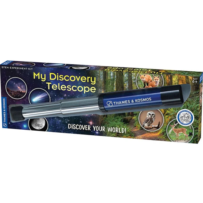 Blue and silver extendable handheld telescope on packaging featuring space and wildlife imagery.