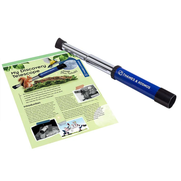 Blue and silver collapsible telescope with a Thames & Kosmos logo and an illustrated educational flyer.