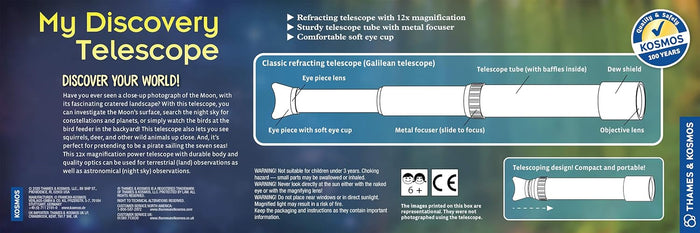 Blue toy box showing a white telescope diagram with labeled parts, 12x magnification, and yellow text. Ages 6+.