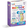 Packaging for a rainbow liquid fidget toy featuring cloud ends with happy and sad faces.