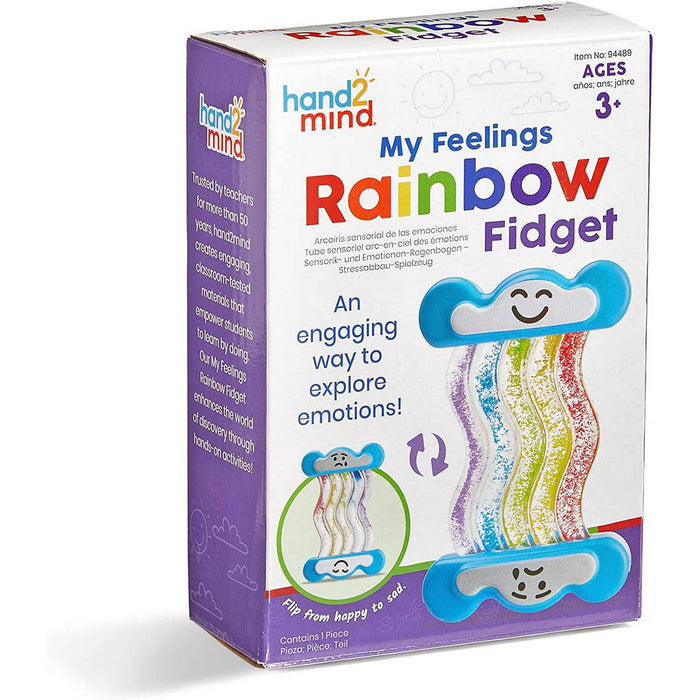 Packaging for a rainbow liquid fidget toy featuring cloud ends with happy and sad faces.