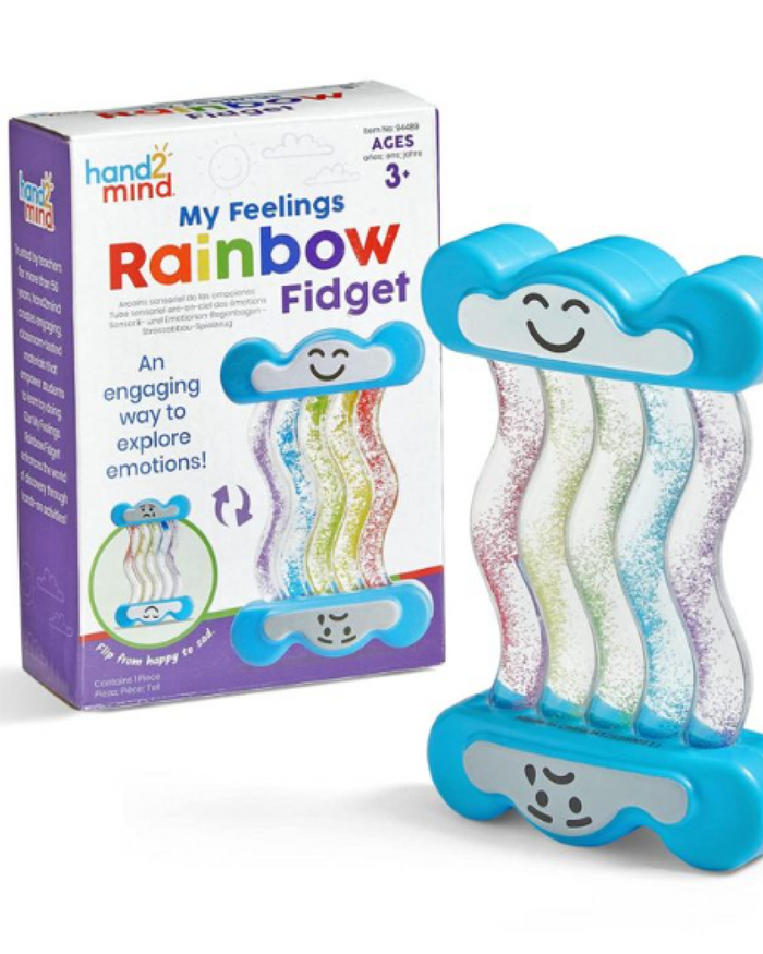 Blue cloud fidget toy with happy and sad faces and four wavy tubes of colored glitter, shown next to its packaging.