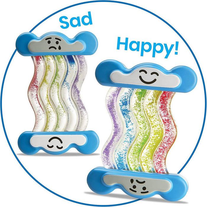 Two wavy rainbow fidget toys with happy and sad faces on blue cloud ends, filled with colorful swirling glitter.
