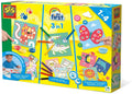Yellow box showing kids' 3-in-1 crafts: finger painting, coloring, and sticking shapes on colorful animal illustrations.
