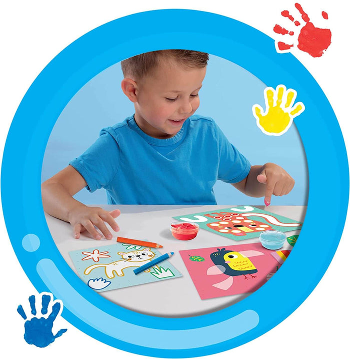 Young boy finger painting on animal activity cards with paint pots and pencils, framed by a blue circular graphic.