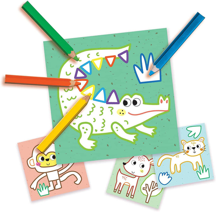 Four colored pencils on a crocodile coloring sheet with stickers, alongside monkey, fox, and cat cards.