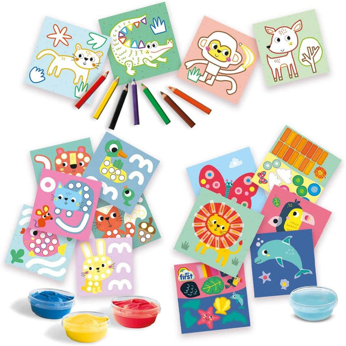 Colorful animal craft kit featuring finger paint pots, coloring pencils, and sticker shape cards.