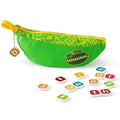 Green banana-shaped fabric zip pouch with scattered colorful letter and digraph tiles on a white background.