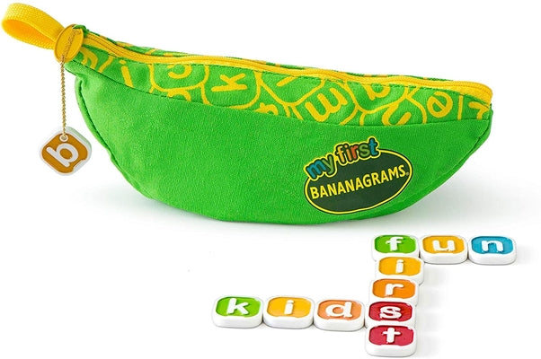 Green banana-shaped fabric pouch with yellow zipper and colorful letter tiles arranged in a crossword pattern.