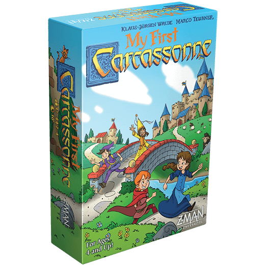 Blue My First Carcassonne game box with cartoon illustration of children running over a stone bridge toward a castle.