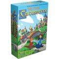 Blue My First Carcassonne game box with cartoon illustration of children running over a stone bridge toward a castle.