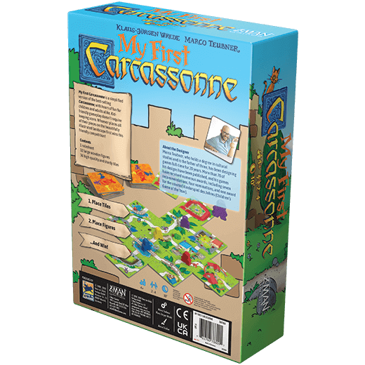 Back of a blue board game box showing sample landscape tiles, colorful wooden figures, and illustrated castle walls.
