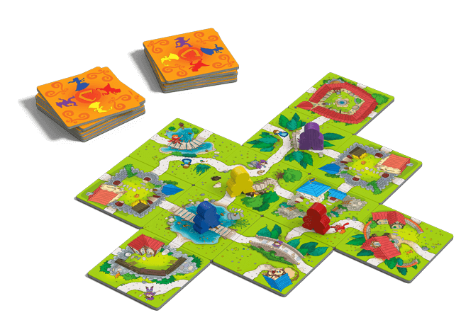 Colorful square map tiles with paths and buildings, four wooden player pieces, and two stacks of game tiles.