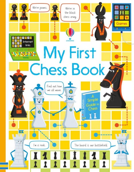 Colorful children's book cover featuring cartoon chess pieces with faces on a yellow and white grid background.