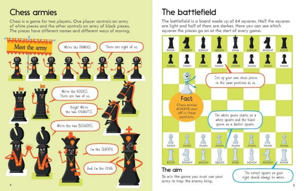 Colorful children's book pages with cartoon chess pieces, speech bubbles, and a labeled chessboard setup diagram.