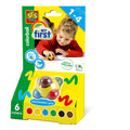 Yellow packaging for an ergonomic ball-shaped crayon with 6 colorful nubs and a photo of a child drawing.