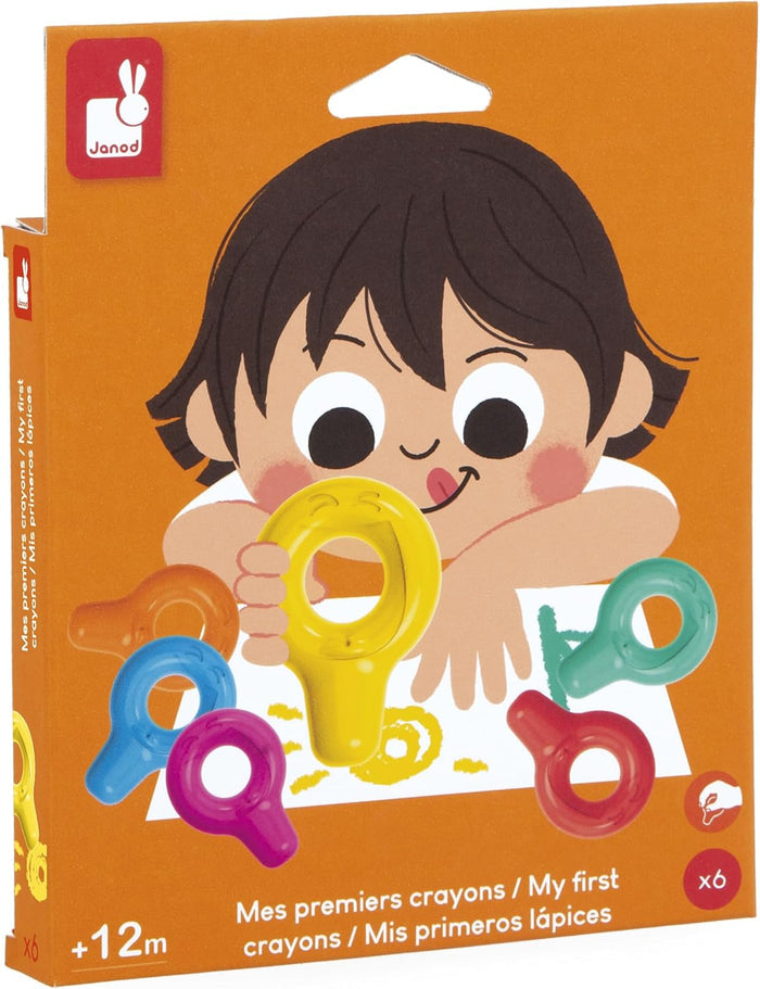 Janod box with 6 colorful ring-shaped crayons for ages 12m+, featuring an illustration of a child drawing.