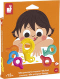 Janod box with 6 colorful ring-shaped crayons for ages 12m+, featuring an illustration of a child drawing.