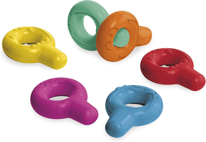 Six colorful ring-shaped crayons in yellow, green, orange, purple, blue, and red on a white background.