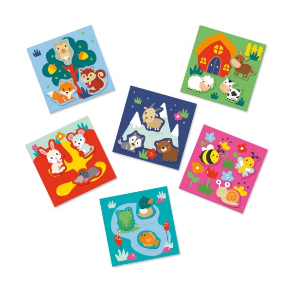Six colorful square activity cards with cartoon animals in nature scenes like a farm, forest, pond, and mountains.