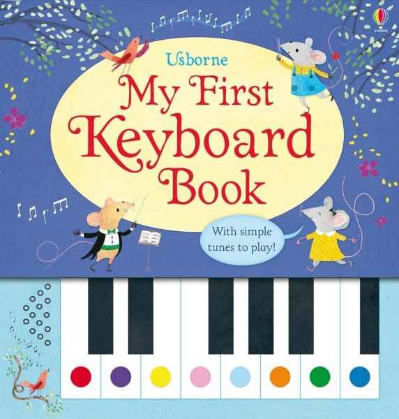 Children's book cover with musical mice above a piano keyboard featuring multi-colored dots on the white keys.