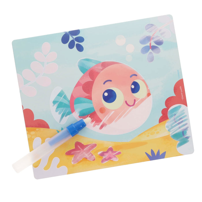 Colorful underwater illustration of a pink fish on a card with a blue water-filled brush pen.