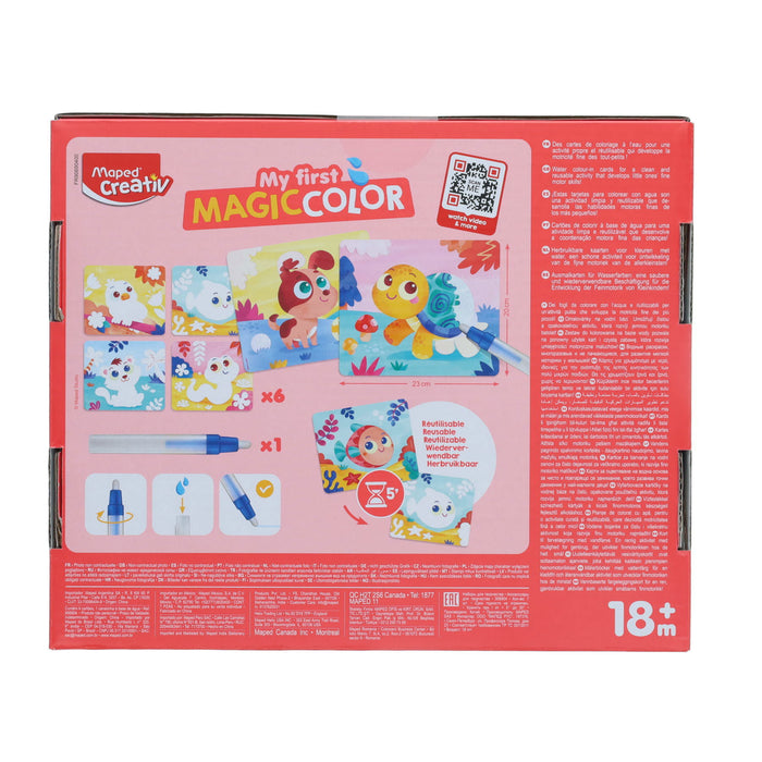 Back of a colorful toy box featuring animal illustrations, six reusable magic color boards, and a water-fillable pen.