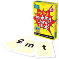 Yellow game box for My First Making Words Snap next to three cards featuring lowercase letters g, m, and t.