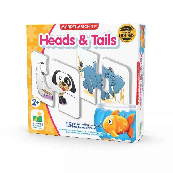 Colorful box for animal matching puzzles showing split pieces of a dog and elephant, a goldfish, and a gold seal.