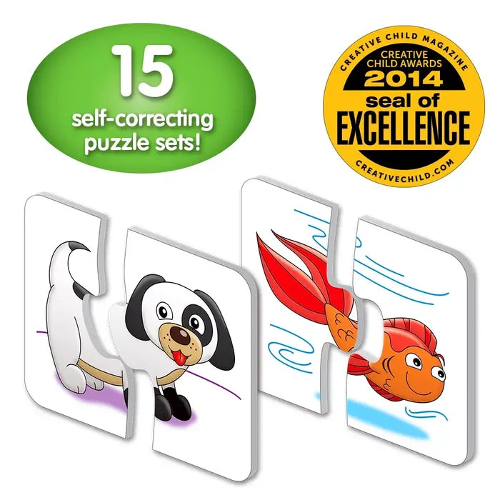 15 sets of 2-piece animal puzzles for toddlers featuring a black and white puppy and an orange fish on thick board.