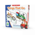 Matching puzzle box for ages 2+ showing two-piece cards of a yellow bike, green steam train, and red tractor.