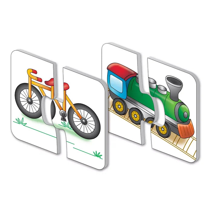 Two-piece matching puzzles for toddlers featuring a yellow bicycle and a green and red steam train.
