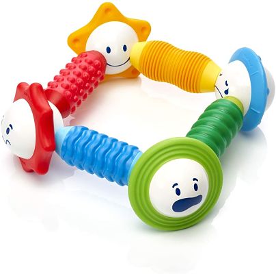 Square sensory toy with four colorful textured rods connecting white spheres with different cartoon facial expressions.