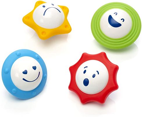 Four colorful sensory toys: yellow star, green ridged circle, blue bumpy circle, and red sun, each with a unique face.