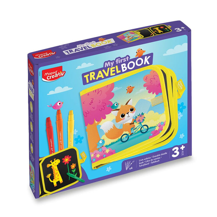 Purple box featuring a yellow zippered travel book with a fox on a bike illustration and four colorful markers.